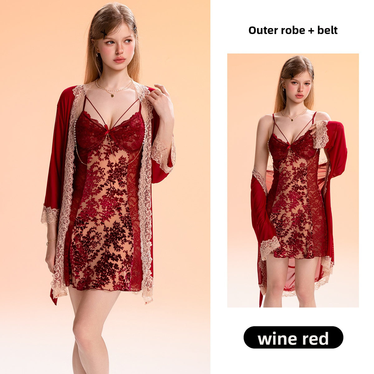 Floral Mesh Lace Pearl Chain Nightdress and Robe Set