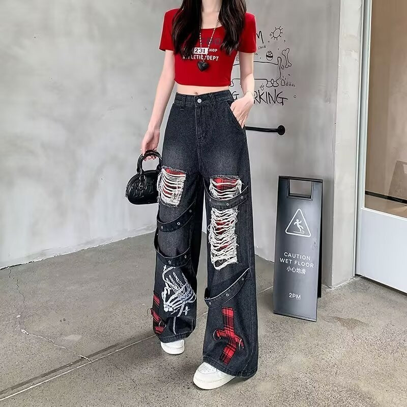 Womens Punk Style Retro Distressed Ripped Wide Leg Jeans
