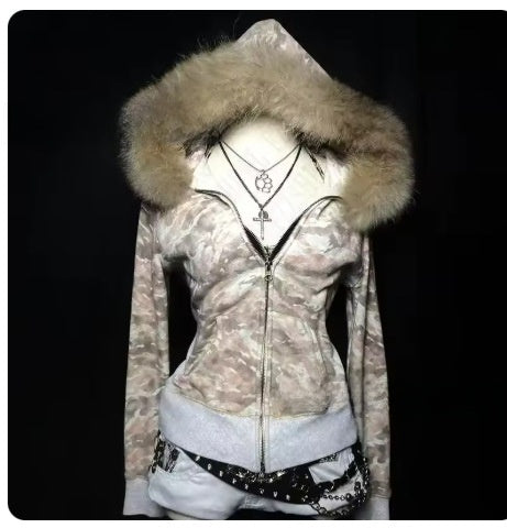 Embroidered Fur Collar Hoodie