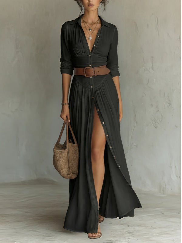 V-Neck Long Slit Shirt Dress for Women