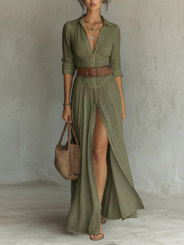 V-Neck Long Slit Shirt Dress for Women