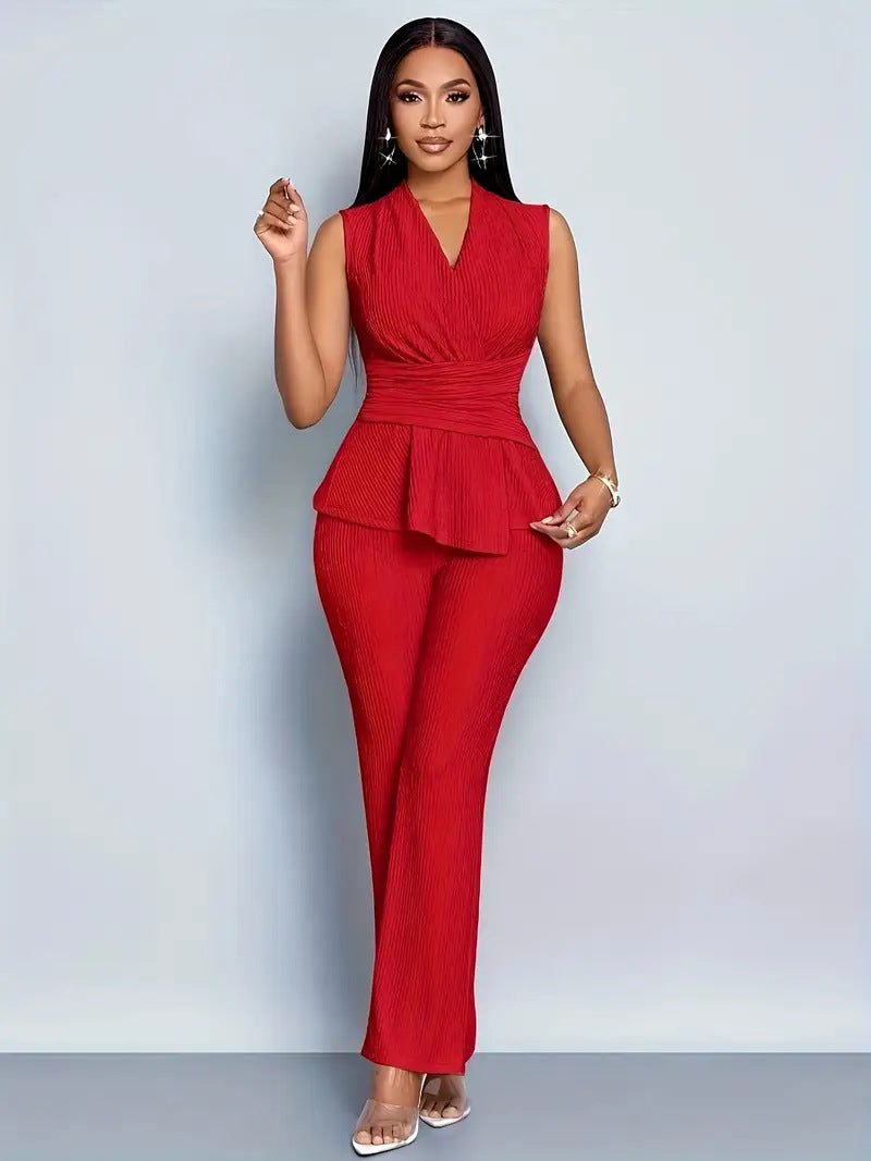 Womens Sleeveless V-Neck Top and Wide-Leg Pants Set