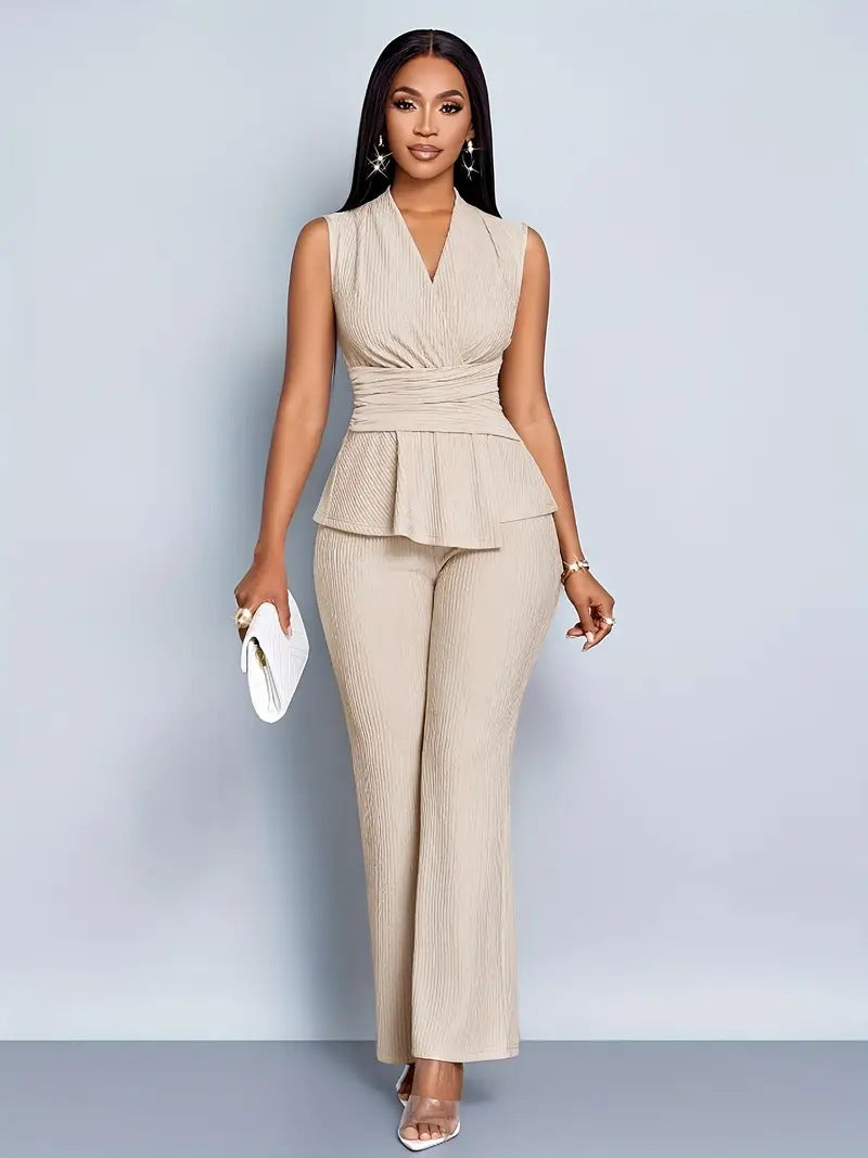 Womens Sleeveless V-Neck Top and Wide-Leg Pants Set
