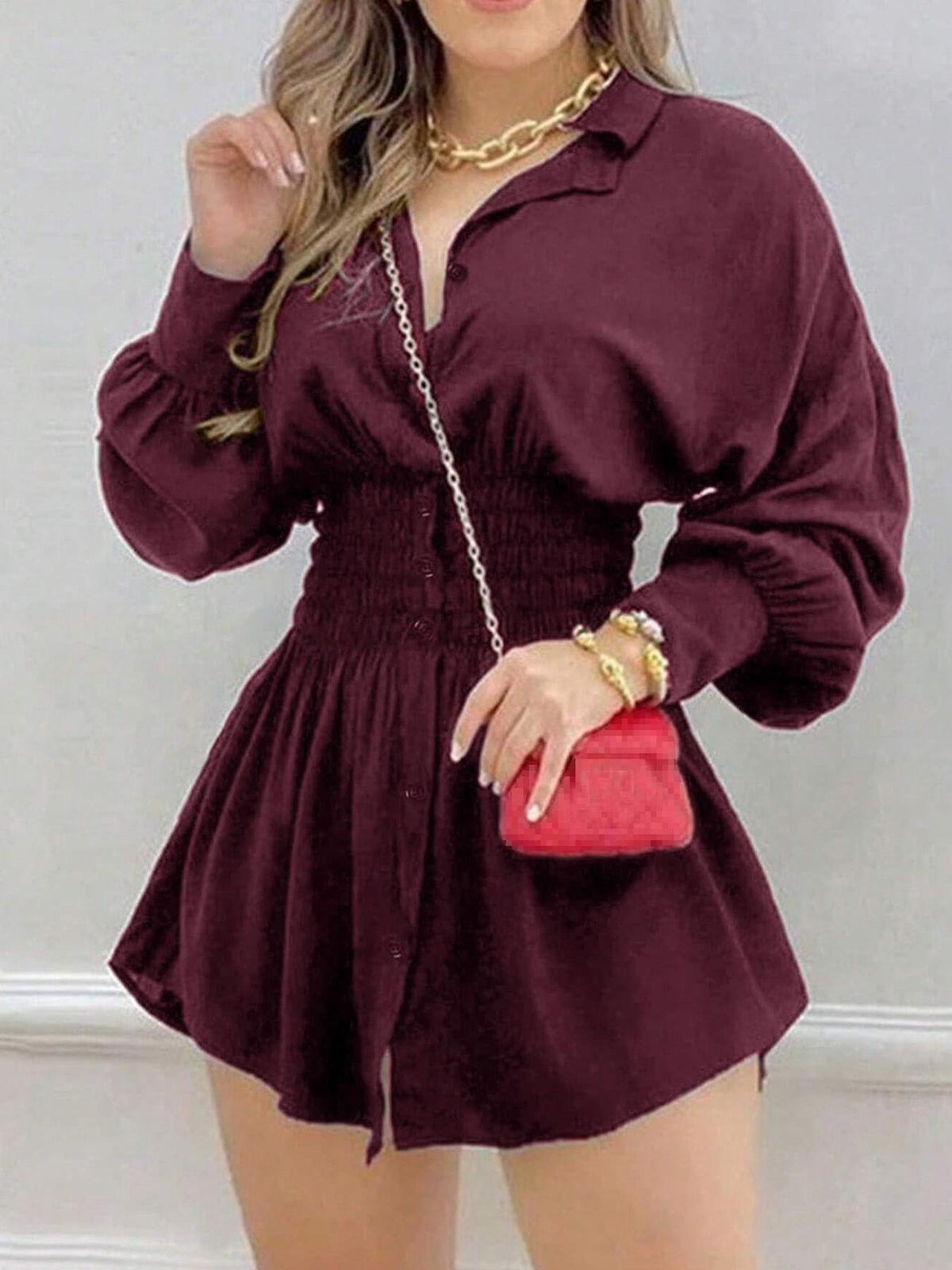 Womens Pleated Shirt Dress Long Sleeve