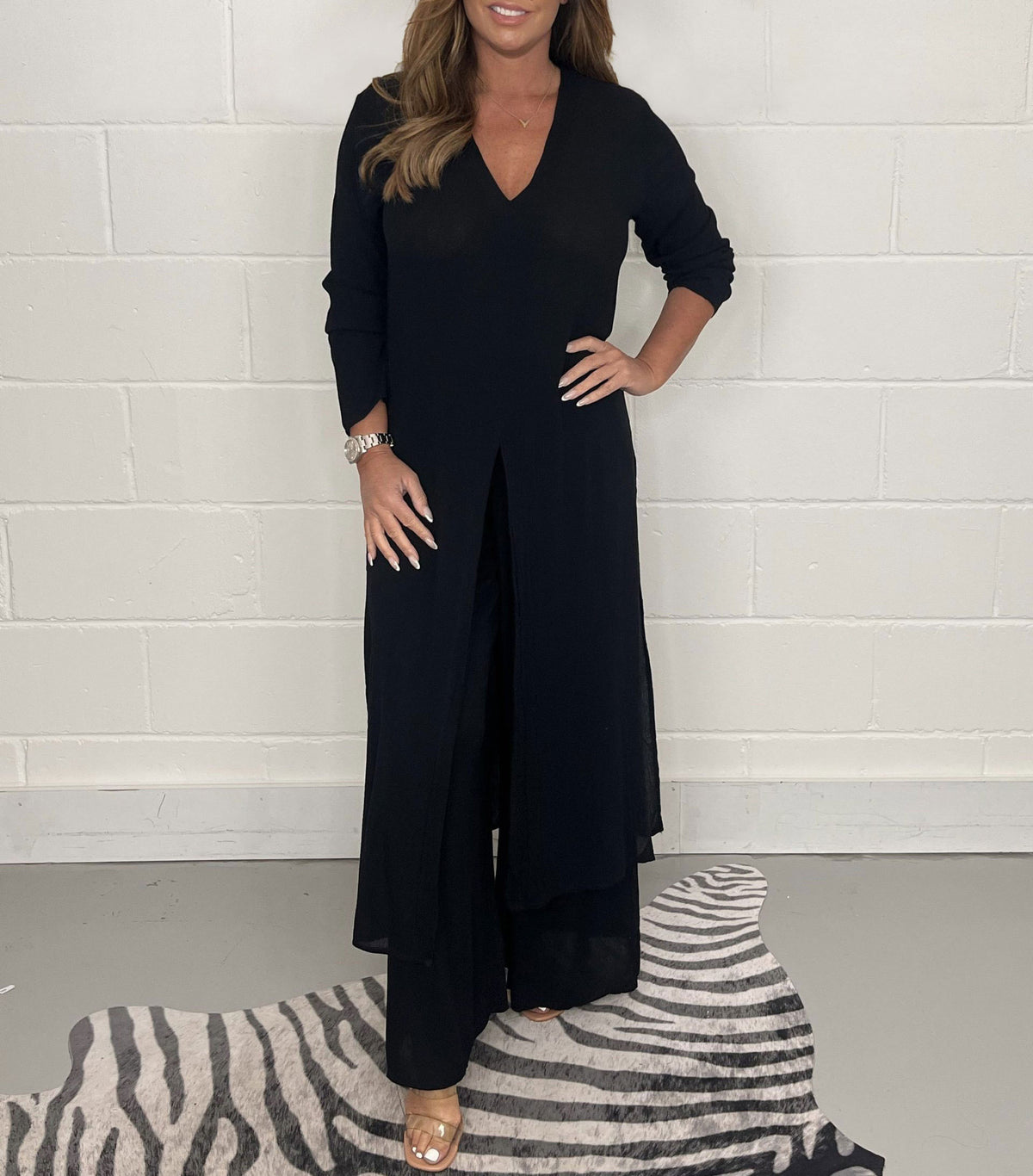 Womens Side Split Two Piece Set Long Sleeve Top and Pants Outfit