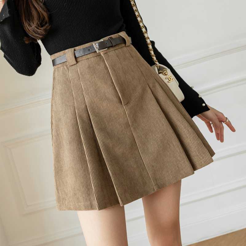 Womens High Waist Pleated Corduroy Skirt