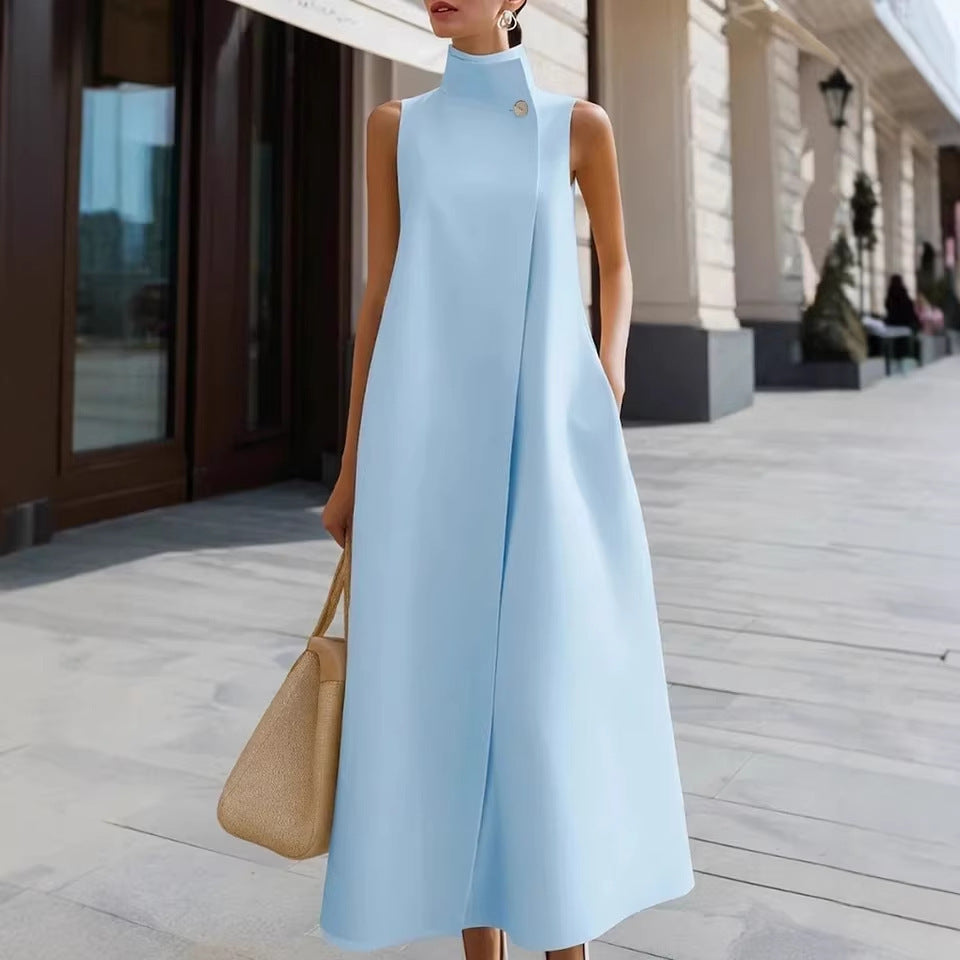 Elegant Stand Collar Button Vest Dress