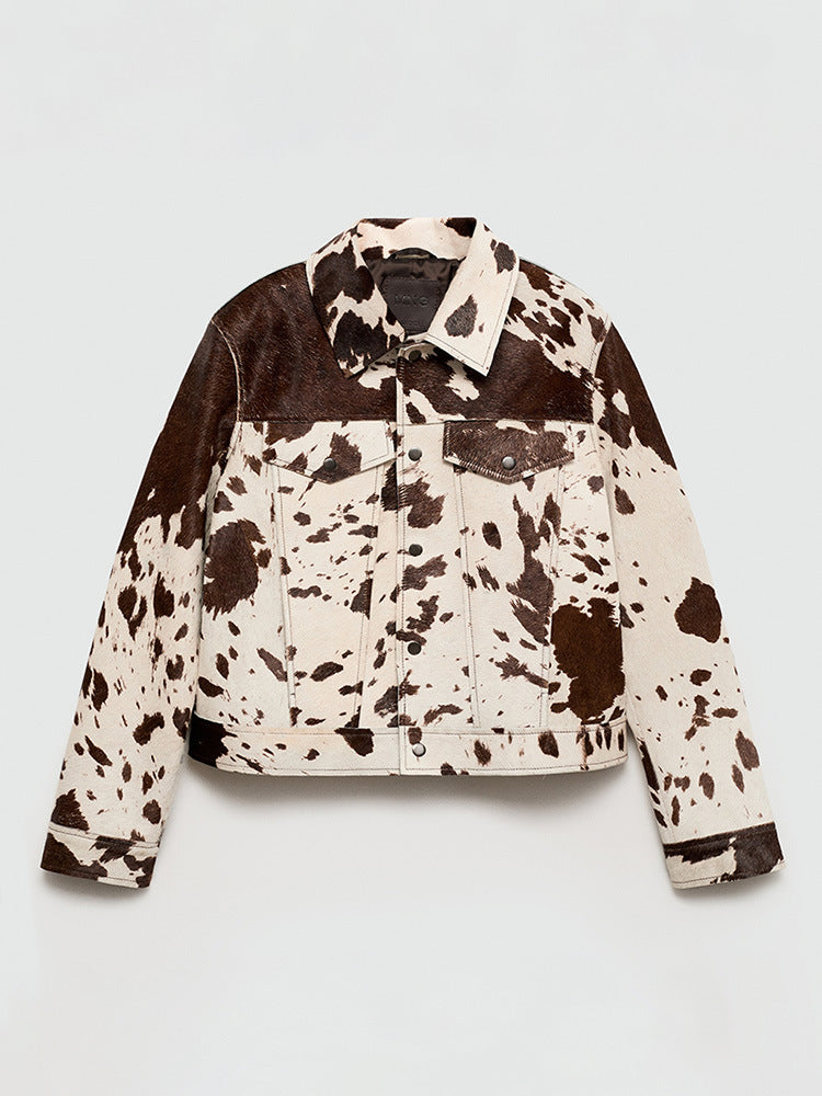 Womens Lapel Denim Jacket with Irregular Pattern