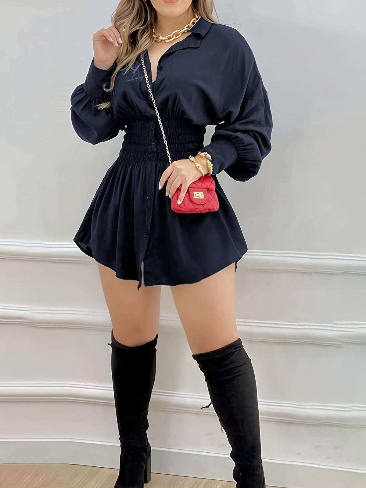 Womens Pleated Shirt Dress Long Sleeve