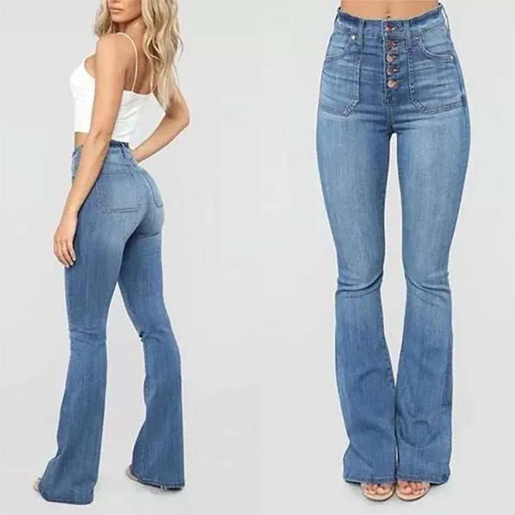 Washed button-down women's high-waisted denim pants