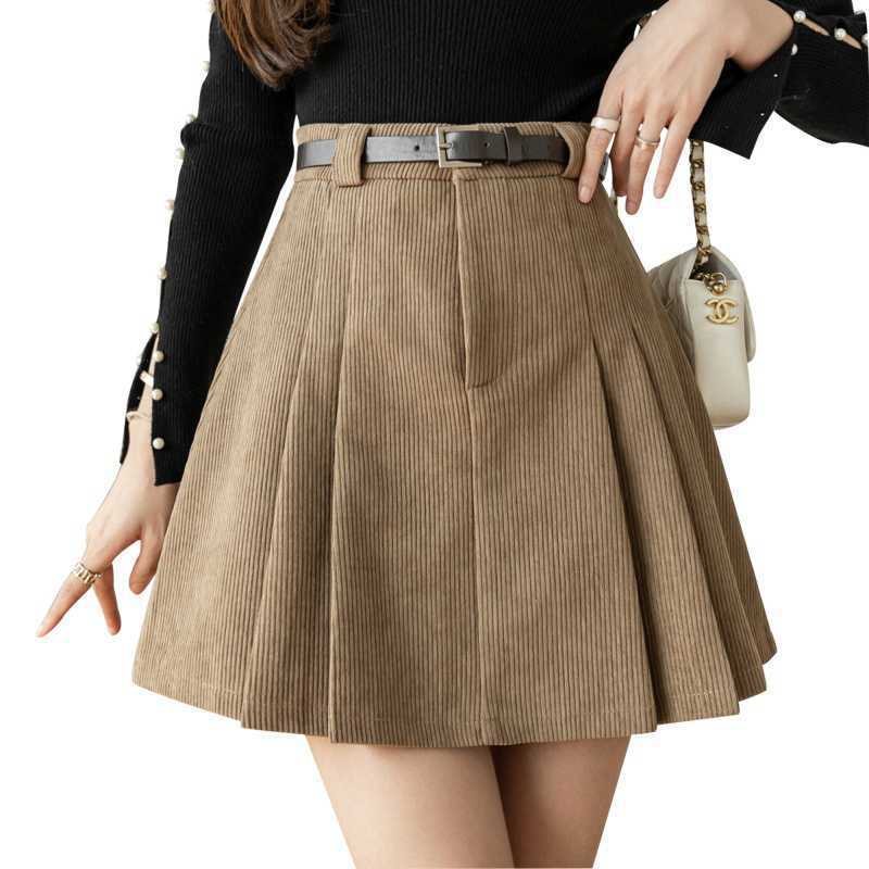 Womens High Waist Pleated Corduroy Skirt