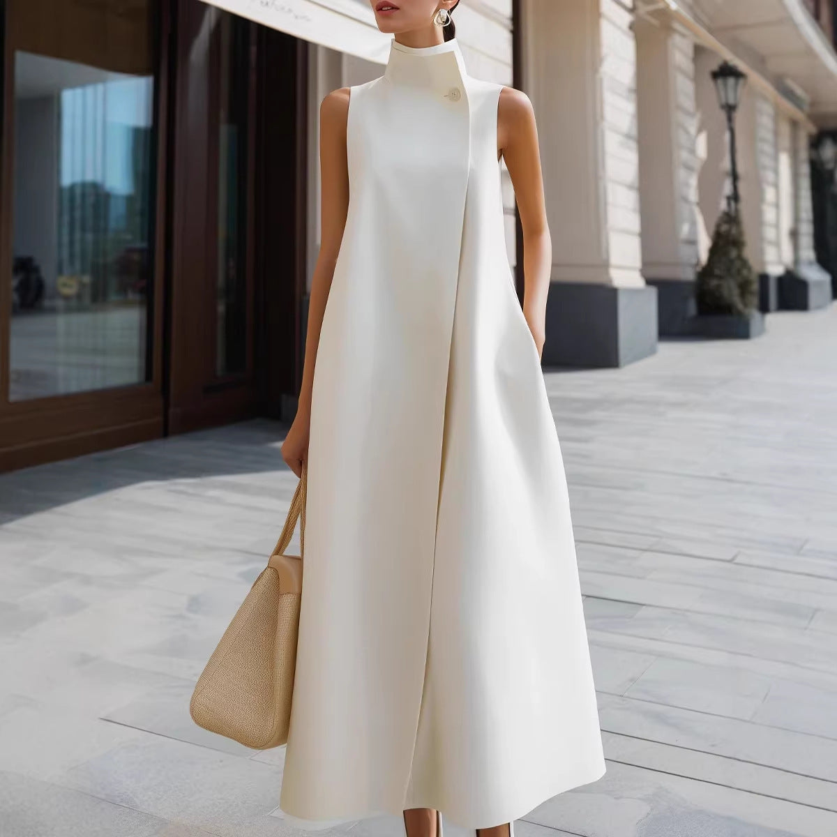 Elegant Stand Collar Button Vest Dress
