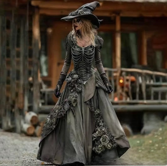 Lady's retro gothic skull rose print long-sleeved dress