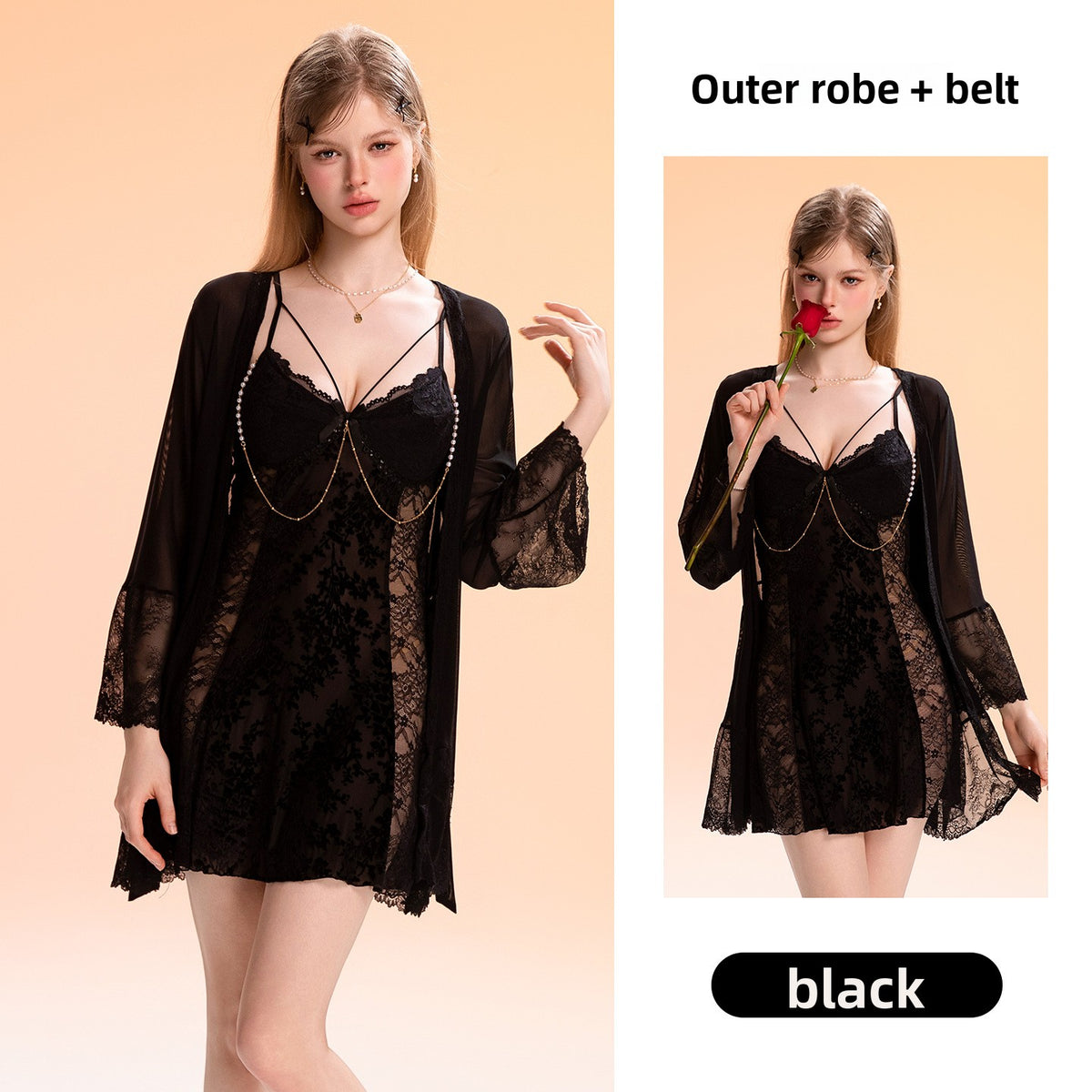 Floral Mesh Lace Pearl Chain Nightdress and Robe Set