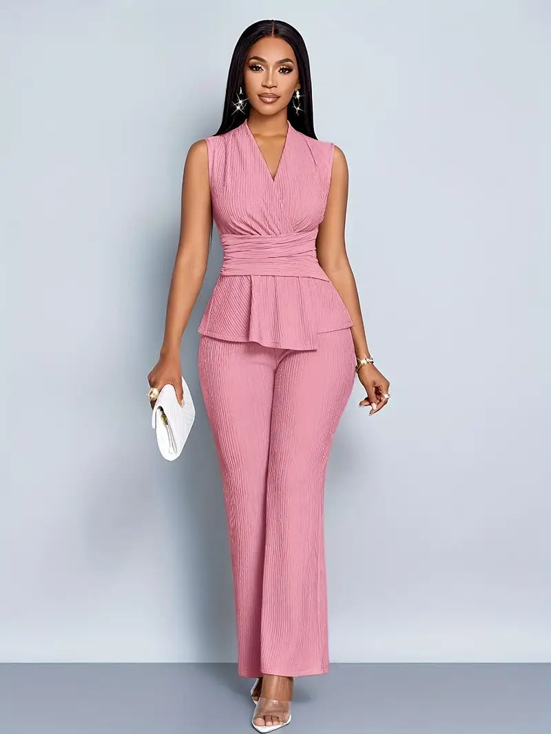 Womens Sleeveless V-Neck Top and Wide-Leg Pants Set