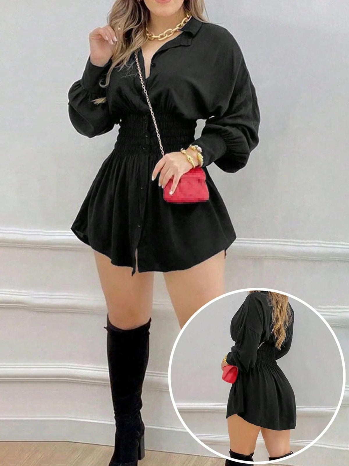 Womens Pleated Shirt Dress Long Sleeve