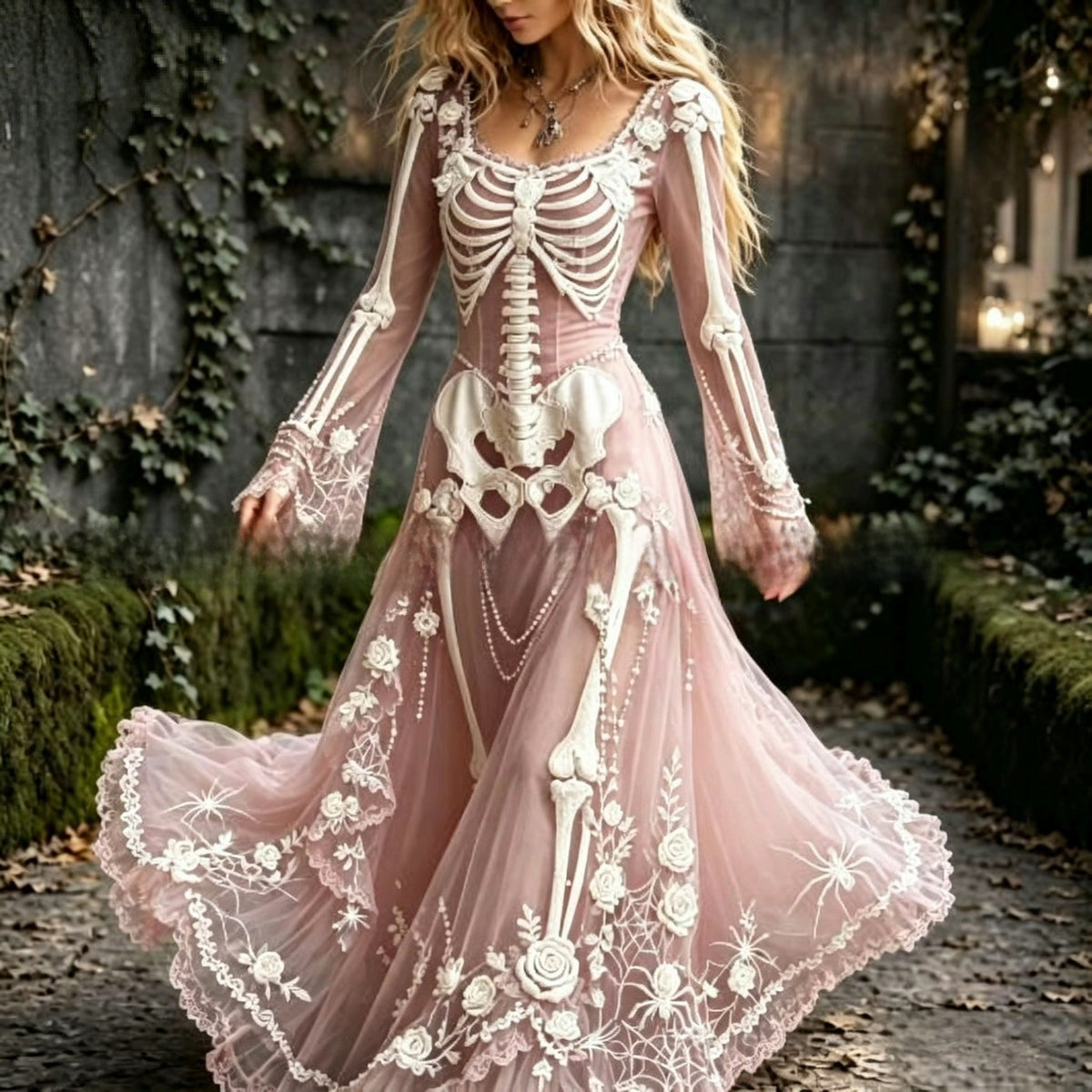 Lady's retro gothic skull rose print long-sleeved dress