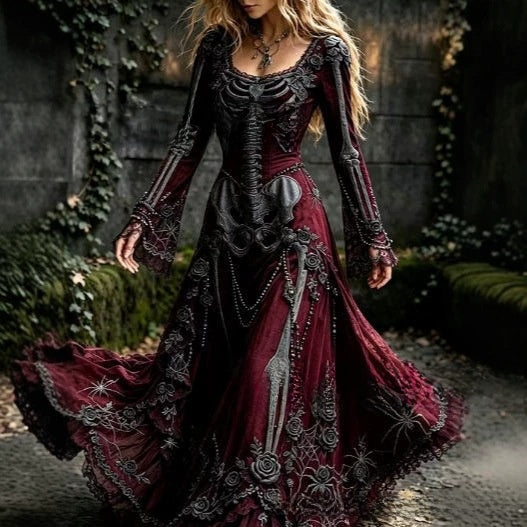 Lady's retro gothic skull rose print long-sleeved dress