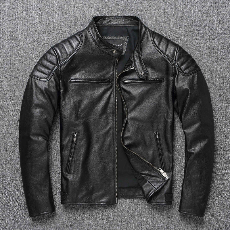 Mens Vintage PU Leather Jacket with Stand Collar