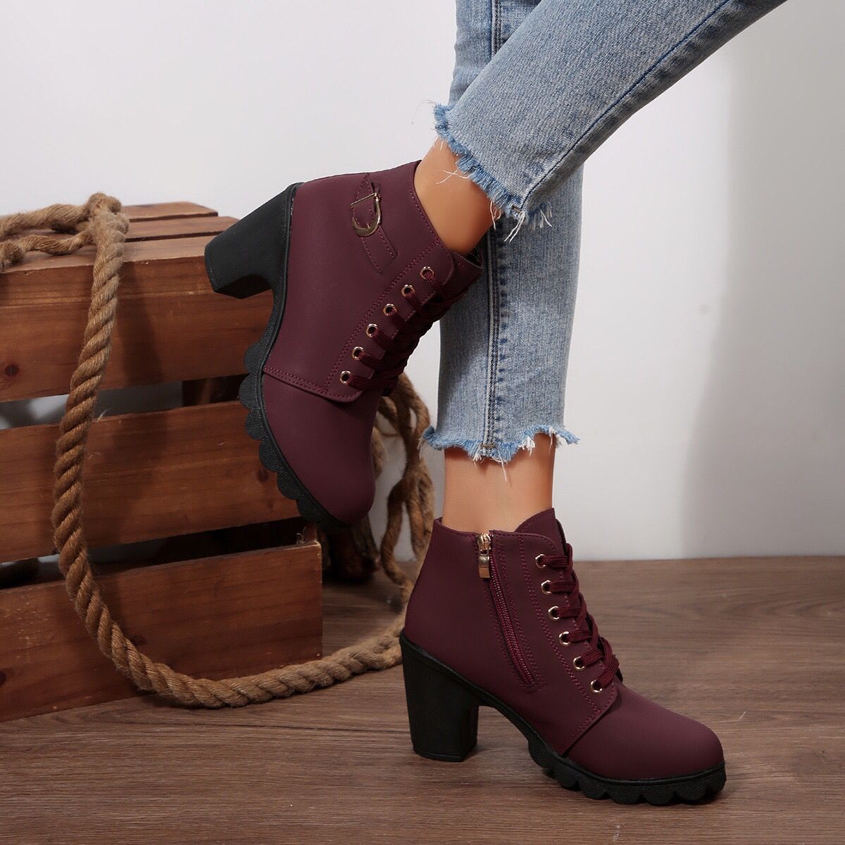 Womens High Heel Ankle Boots with Cross Strap