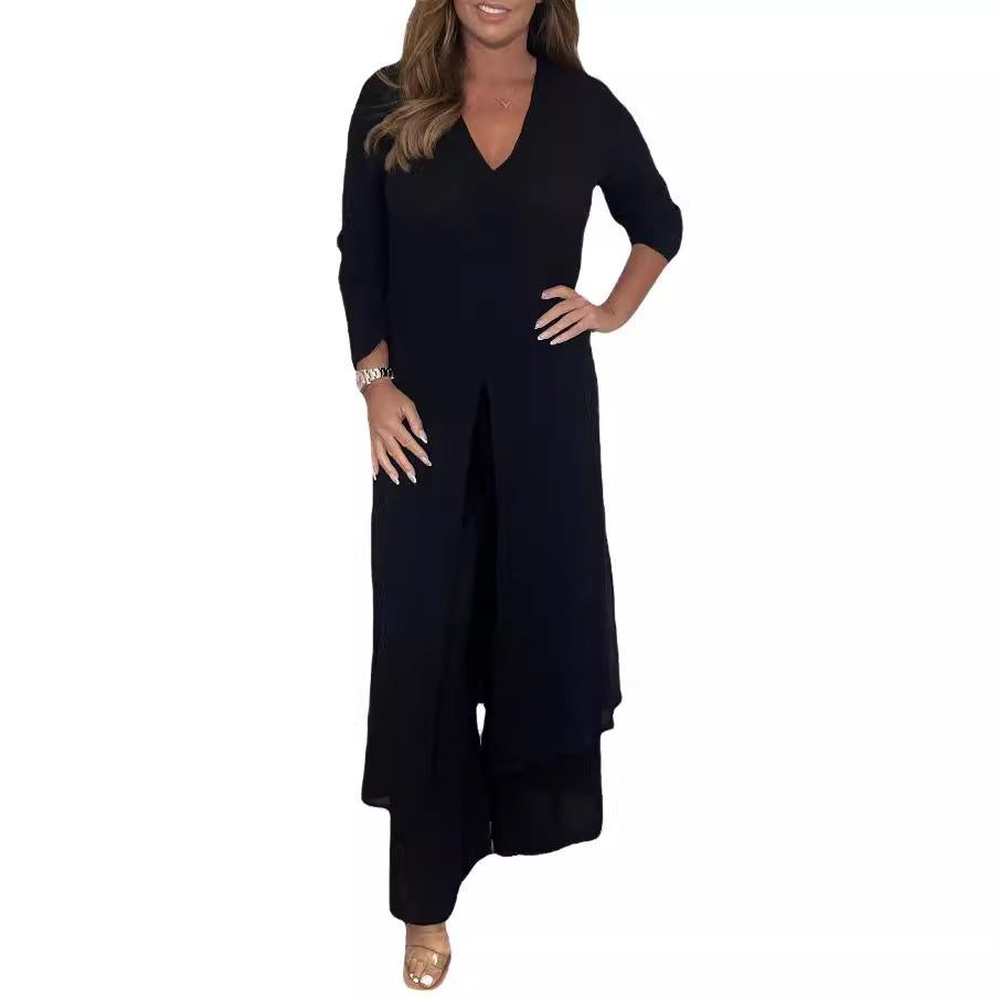 Womens Side Split Two Piece Set Long Sleeve Top and Pants Outfit