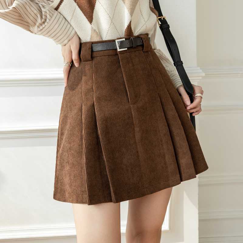 Womens High Waist Pleated Corduroy Skirt