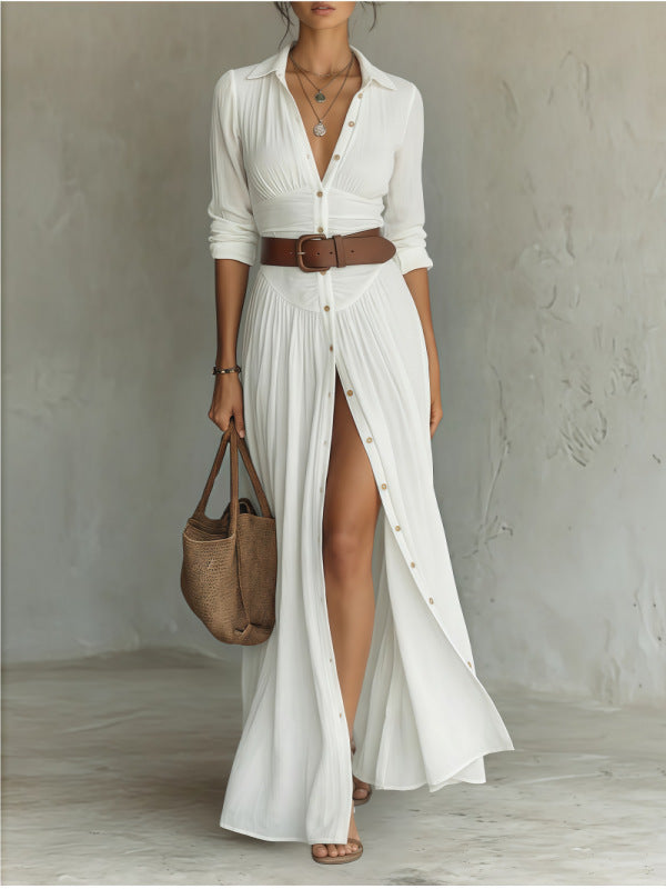 V-Neck Long Slit Shirt Dress for Women
