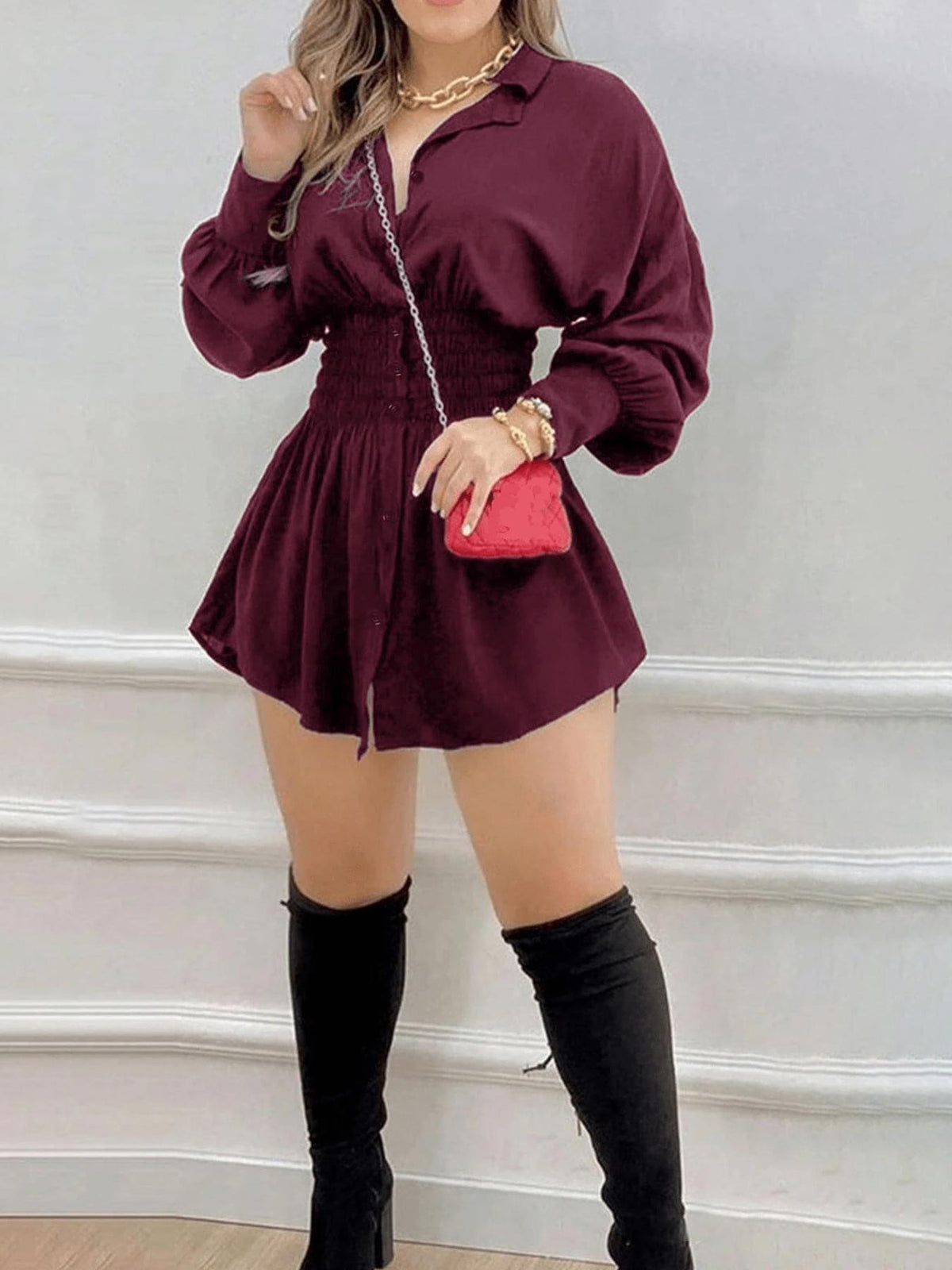 Womens Pleated Shirt Dress Long Sleeve