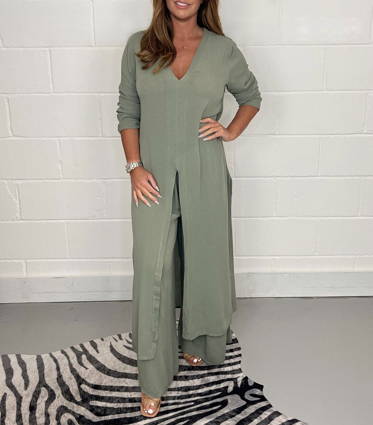 Womens Side Split Two Piece Set Long Sleeve Top and Pants Outfit