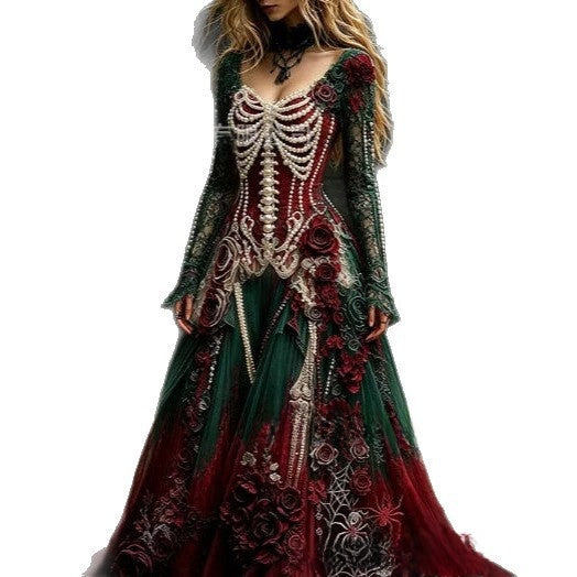 Lady's retro gothic skull rose print long-sleeved dress