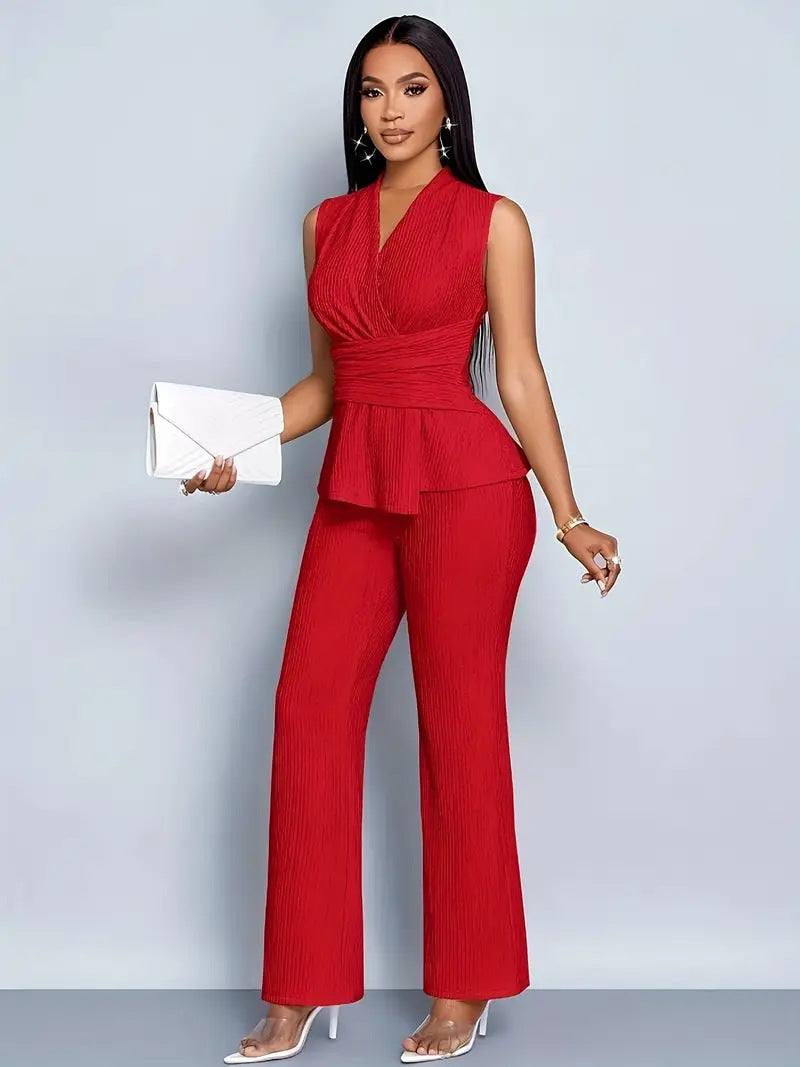 Womens Sleeveless V-Neck Top and Wide-Leg Pants Set