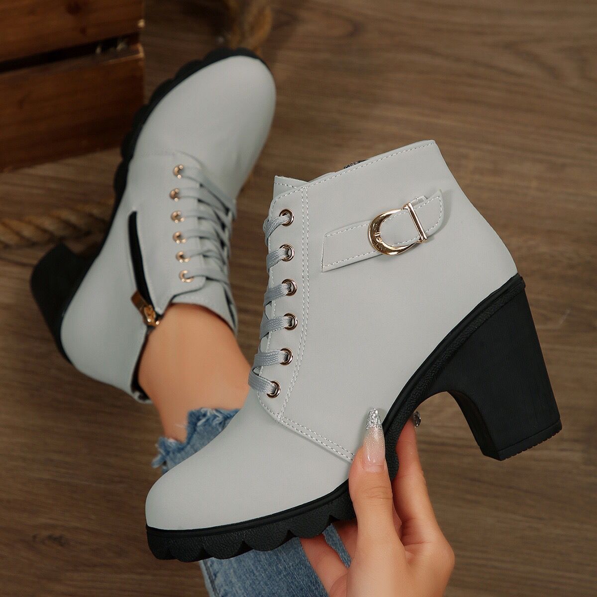 Womens High Heel Ankle Boots with Cross Strap