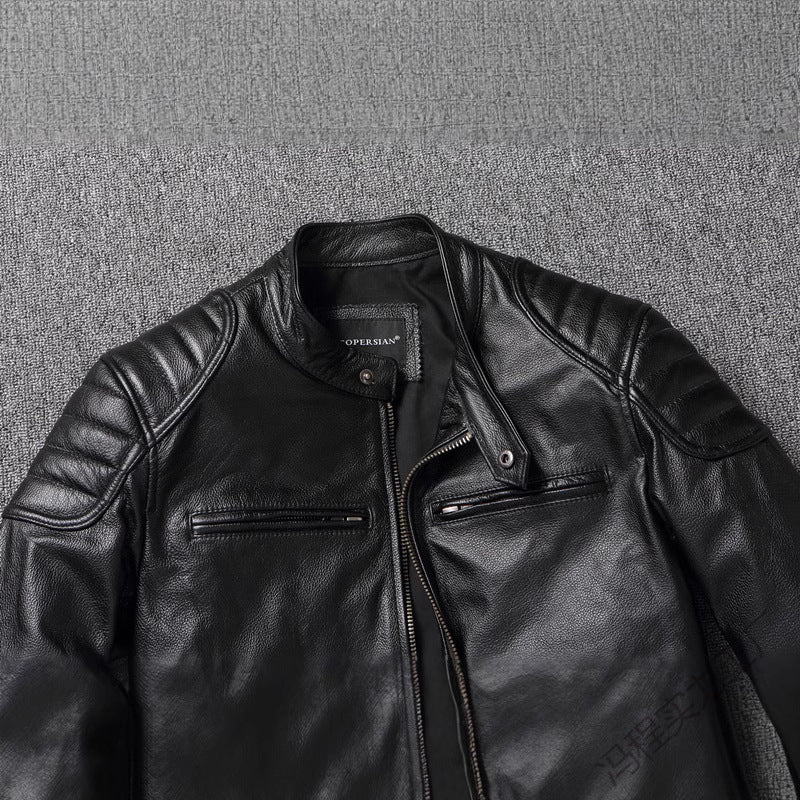 Mens Vintage PU Leather Jacket with Stand Collar